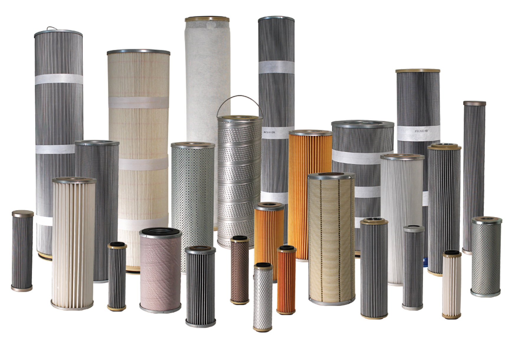 Assorted Hilco filter element assemblies — cutaway showing pleat geometry and endcap seal